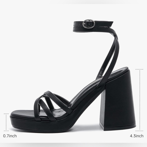 Black Strappy Lace Up Platform Heel Sandals Square OpenToe Decorative Dangle 8M - Picture 5 of 13